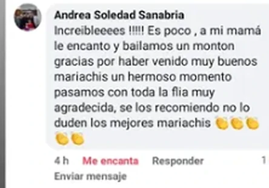 Captura de un comentario de Facebook de Andrea S.: a su mamá le encantó, bailaron un montón y recomienda a los mejores mariachis.